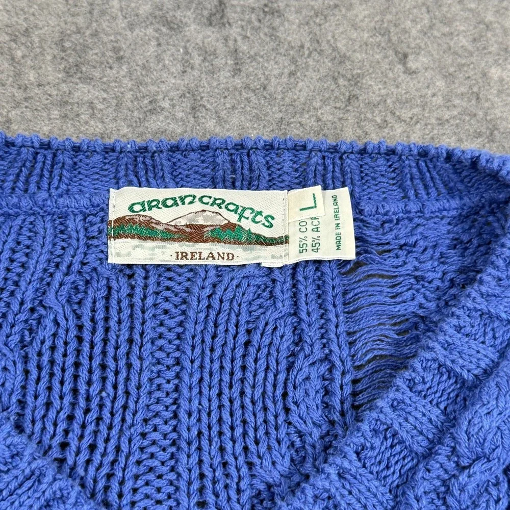 Aran Crafts Ireland Periwinkle Cable‎ Knit V-Neck Sweater Women's Size Large